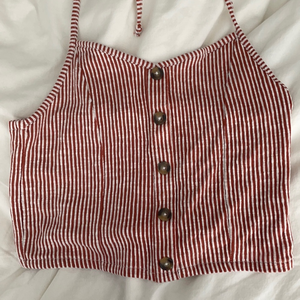 American Eagle Striped Cropped Halter Top - Red